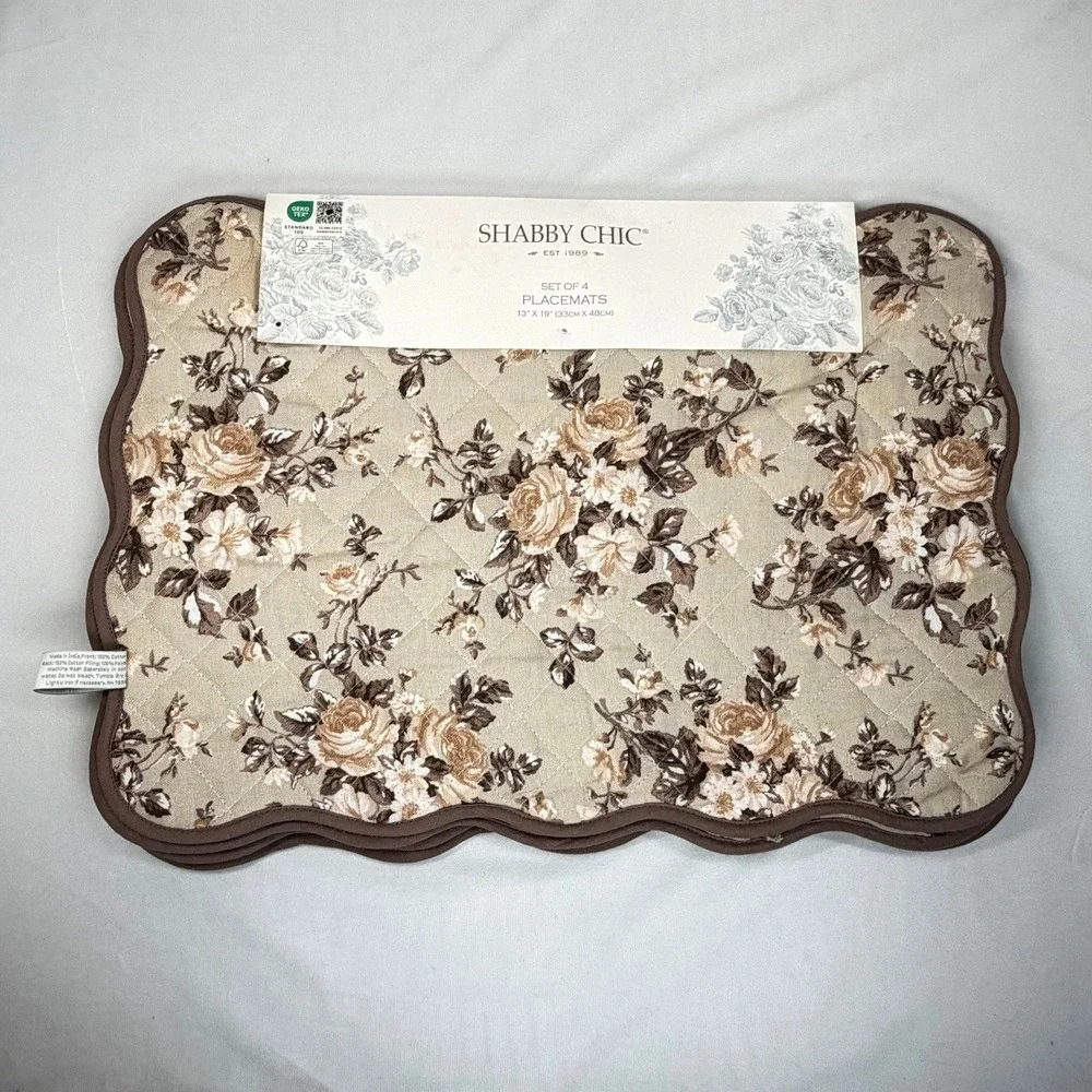Shabby Chic Floral Quilted Placemats Set of 4 Tan Brown Roses Scalloped 13x19